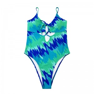 Slim printed one-piece swimsuit with turquoise cutout strap