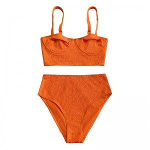 Orange ruffled fabric wide hem bust line split swimsuit
