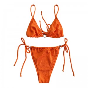 Orange ruffled fabric loop strap two-piece swimsuit